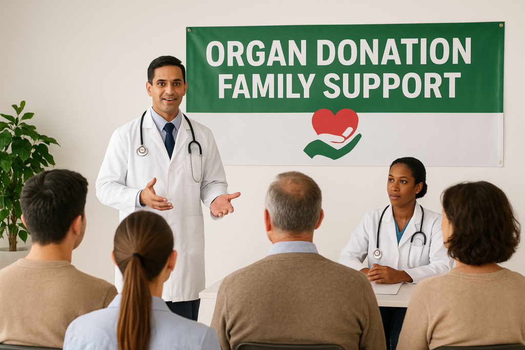 Awareness camp promoting organ donation family support.