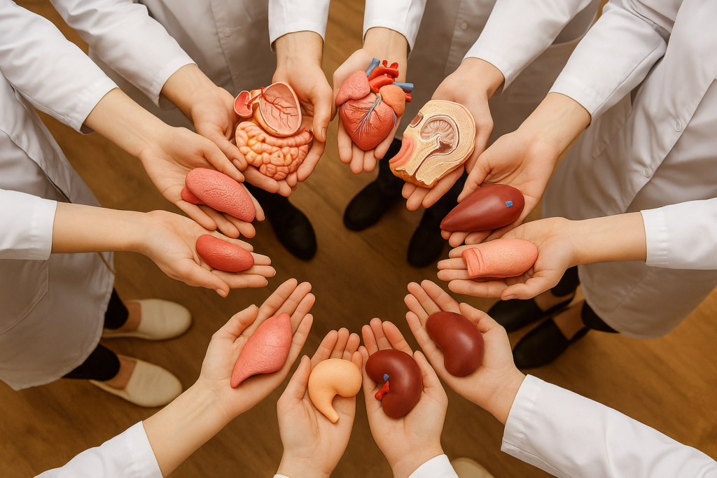 Hands holding organ models for a life-saving organ pledge.
