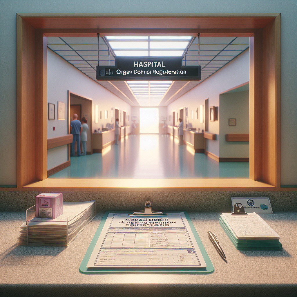 Organ Donation brochure and donor registration clipboard on a hospital information desk under natural indoor light.