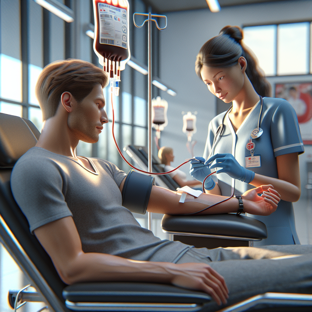 Blood Donation in progress as a donor gives blood in a community clinic with a nurse monitoring the collection bag.